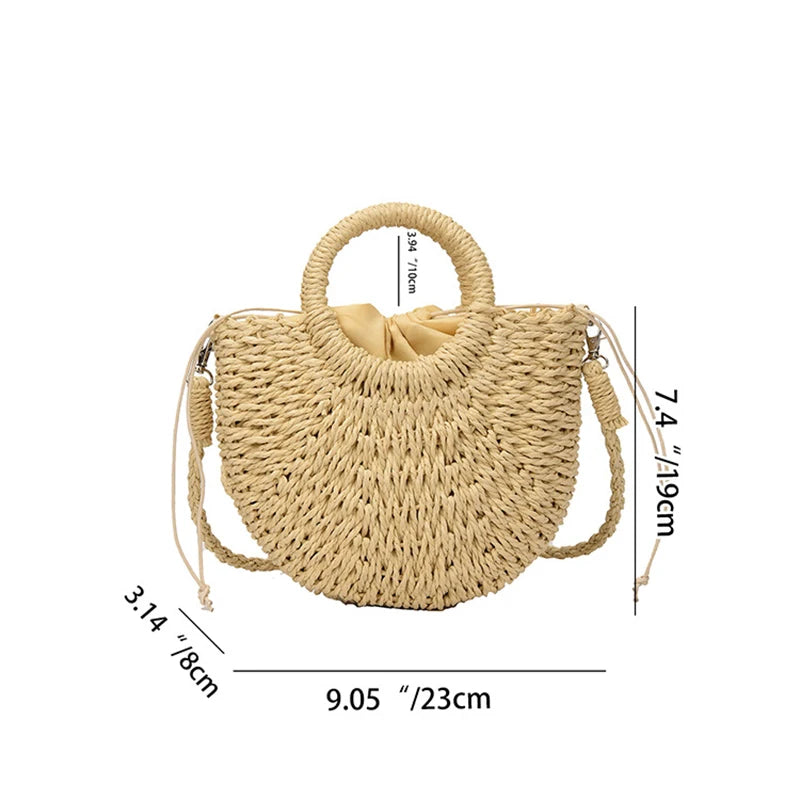 Bolso de Playa Tejido a Mano de Paja y Ratán, Media Luna, Gran Capacidad, Bandolera Calada de Verano para Mujer