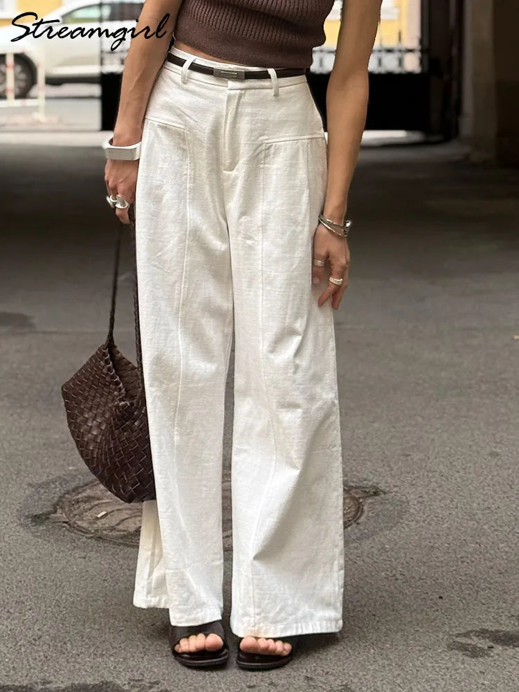 Pantalones Blancos de Algodón y Lino para Mujer, Pierna Ancha Formal
