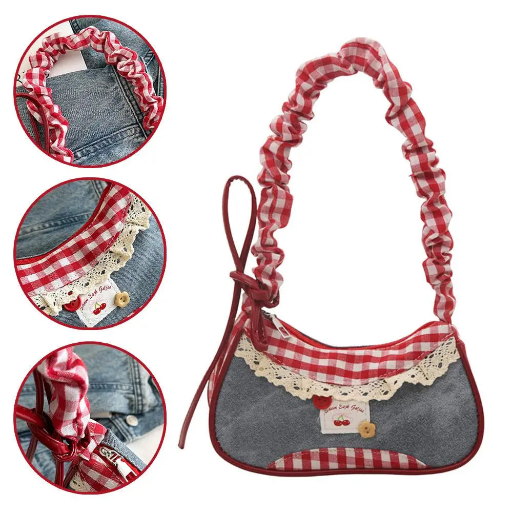 Bolso de Cuadros de Moda para Mujer con Cinta de Encaje, Correa Elástica, Bolso de Hombro para el Día a Día
