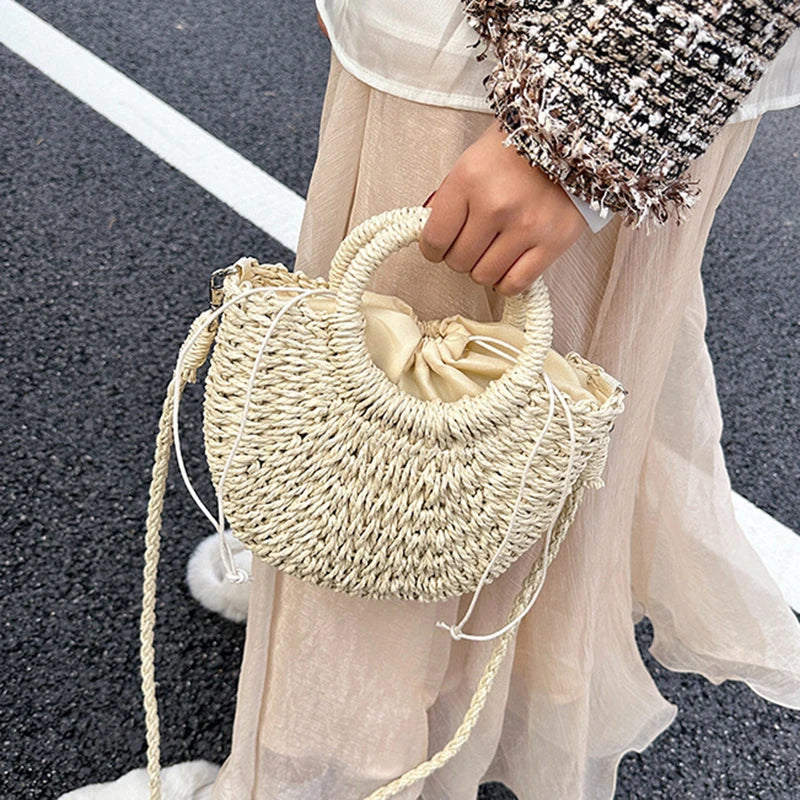 Bolso de Playa Tejido a Mano de Paja y Ratán, Media Luna, Gran Capacidad, Bandolera Calada de Verano para Mujer