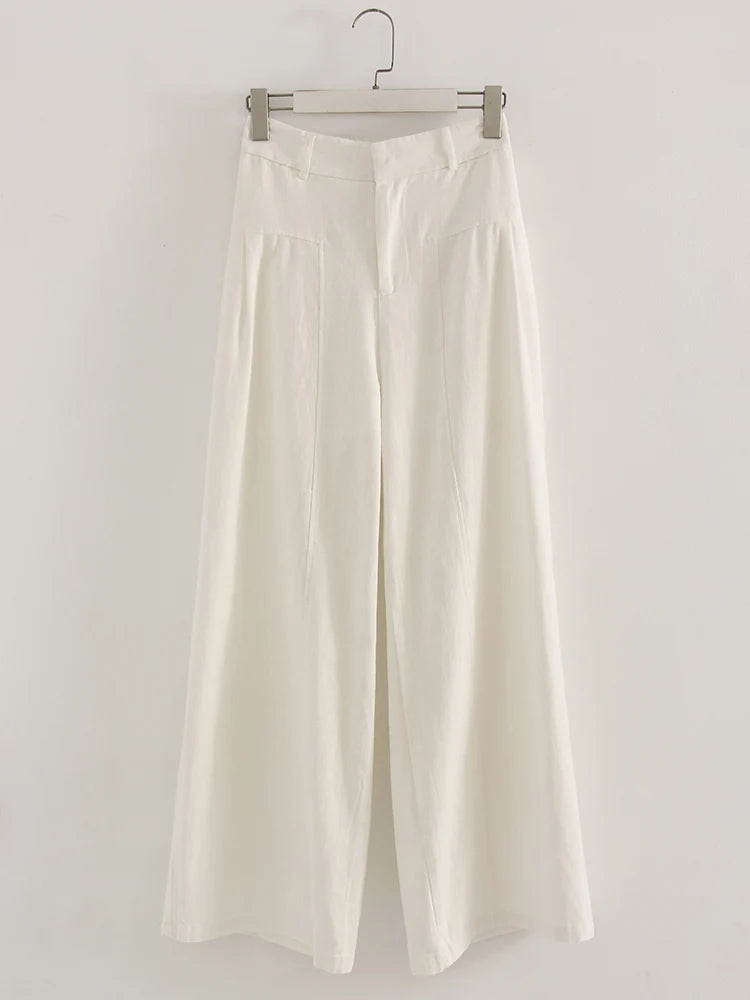 Pantalones Blancos de Algodón y Lino para Mujer, Pierna Ancha Formal