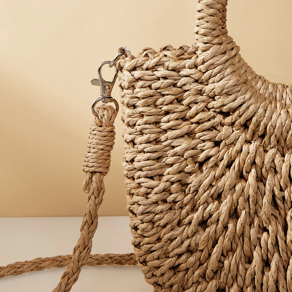 Bolso de Playa Tejido a Mano de Paja y Ratán, Media Luna, Gran Capacidad, Bandolera Calada de Verano para Mujer