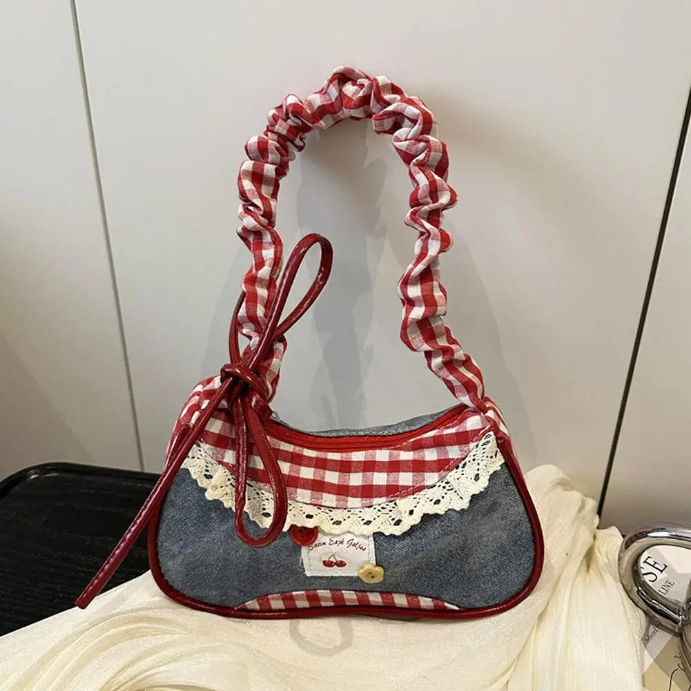 Bolso de Cuadros de Moda para Mujer con Cinta de Encaje, Correa Elástica, Bolso de Hombro para el Día a Día