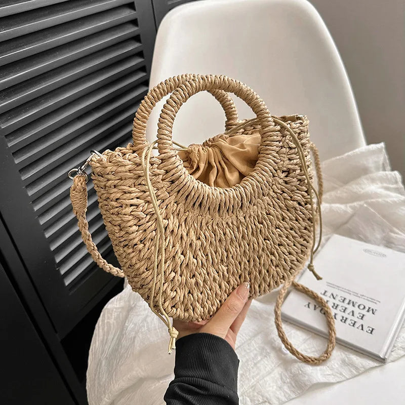 Bolso de Playa Tejido a Mano de Paja y Ratán, Media Luna, Gran Capacidad, Bandolera Calada de Verano para Mujer