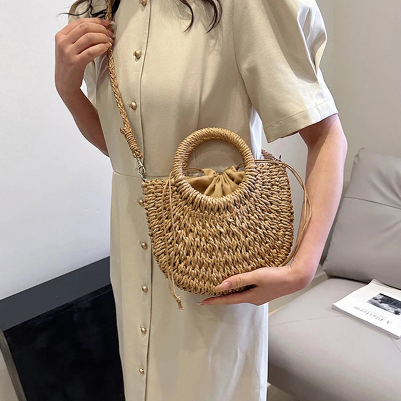Bolso de Playa Tejido a Mano de Paja y Ratán, Media Luna, Gran Capacidad, Bandolera Calada de Verano para Mujer