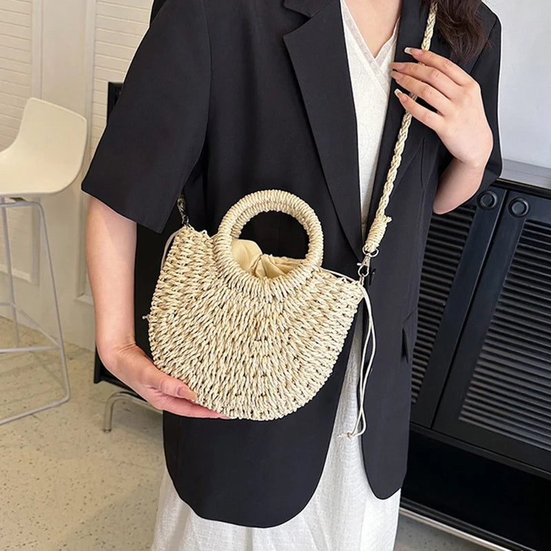 Bolso de Playa Tejido a Mano de Paja y Ratán, Media Luna, Gran Capacidad, Bandolera Calada de Verano para Mujer