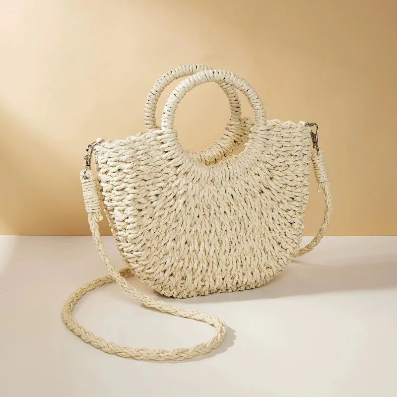 Bolso de Playa Tejido a Mano de Paja y Ratán, Media Luna, Gran Capacidad, Bandolera Calada de Verano para Mujer