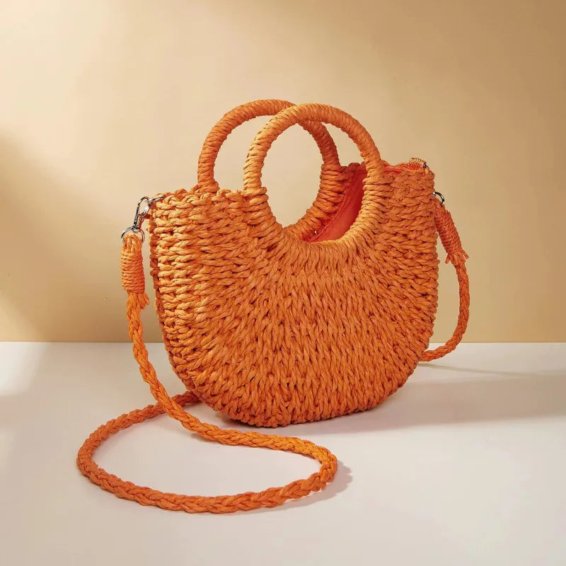 Bolso de Playa Tejido a Mano de Paja y Ratán, Media Luna, Gran Capacidad, Bandolera Calada de Verano para Mujer