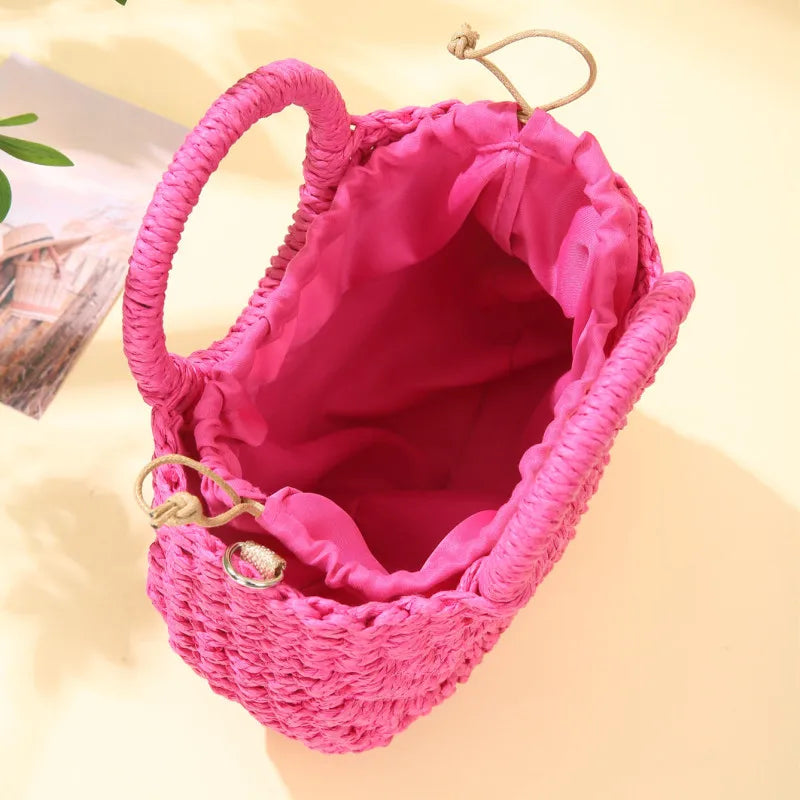 Bolso de Playa Tejido a Mano de Paja y Ratán, Media Luna, Gran Capacidad, Bandolera Calada de Verano para Mujer