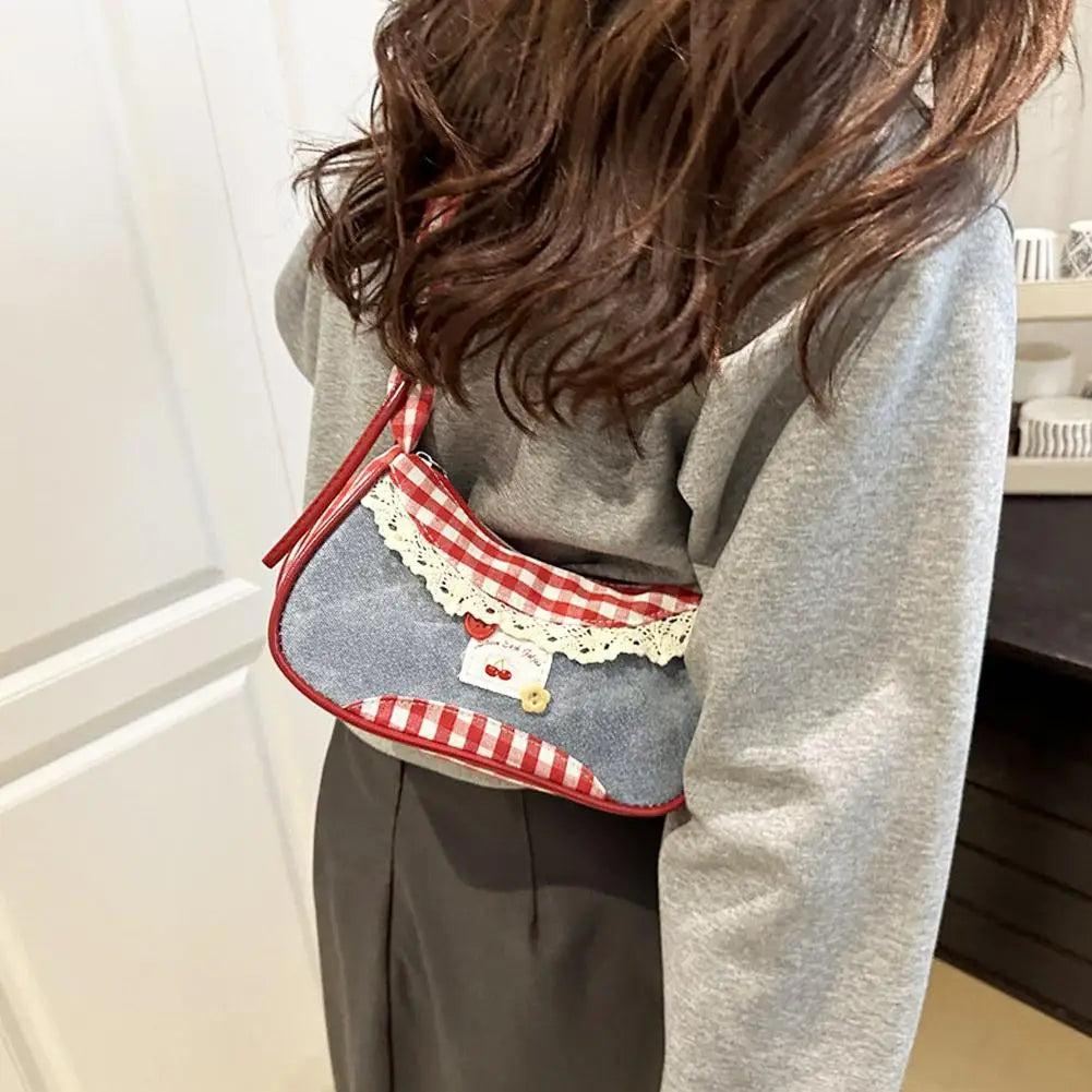 Bolso de Cuadros de Moda para Mujer con Cinta de Encaje, Correa Elástica, Bolso de Hombro para el Día a Día
