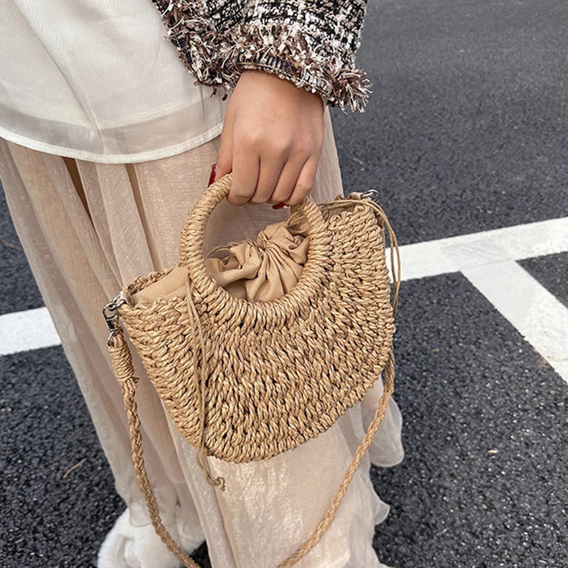 Bolso de Playa Tejido a Mano de Paja y Ratán, Media Luna, Gran Capacidad, Bandolera Calada de Verano para Mujer