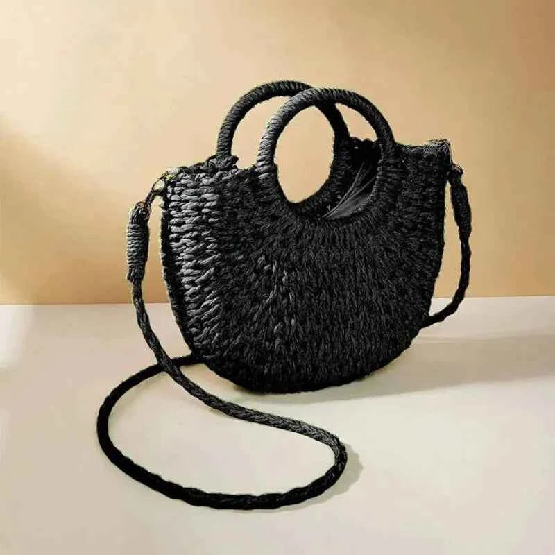 Bolso de Playa Tejido a Mano de Paja y Ratán, Media Luna, Gran Capacidad, Bandolera Calada de Verano para Mujer