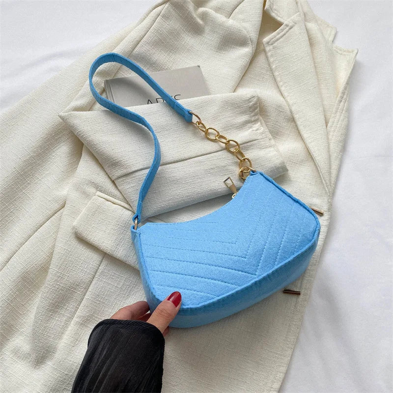 Mini Bolso de Hombro de Fieltro para Mujer, Diseño Elegante, Bolso Bandolera en Forma de Media Luna 2024
