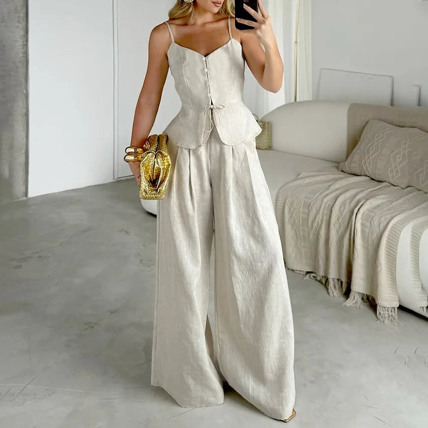 Conjunto Oficina 2 Piezas Pantalón Ancho Beige | Elegante 2026