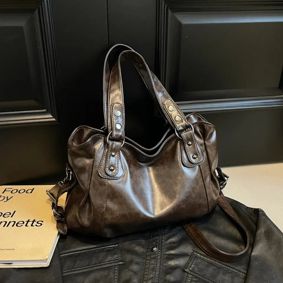 Bolso de Hombro Retro Espacioso para Mujer, Color Liso, Bandolera Clásica de Gran Capacidad en Piel PU Suave