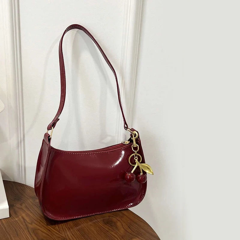 Bolso de Piel PU para Mujer, Color Liso con Colgante de Cereza, Bolso de Hombro Casual para el Día a Día