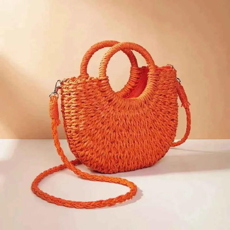 Bolso de Playa Tejido a Mano de Paja y Ratán, Media Luna, Gran Capacidad, Bandolera Calada de Verano para Mujer