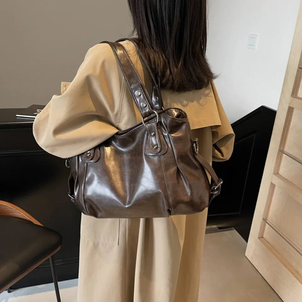Bolso de Hombro Retro Espacioso para Mujer, Color Liso, Bandolera Clásica de Gran Capacidad en Piel PU Suave