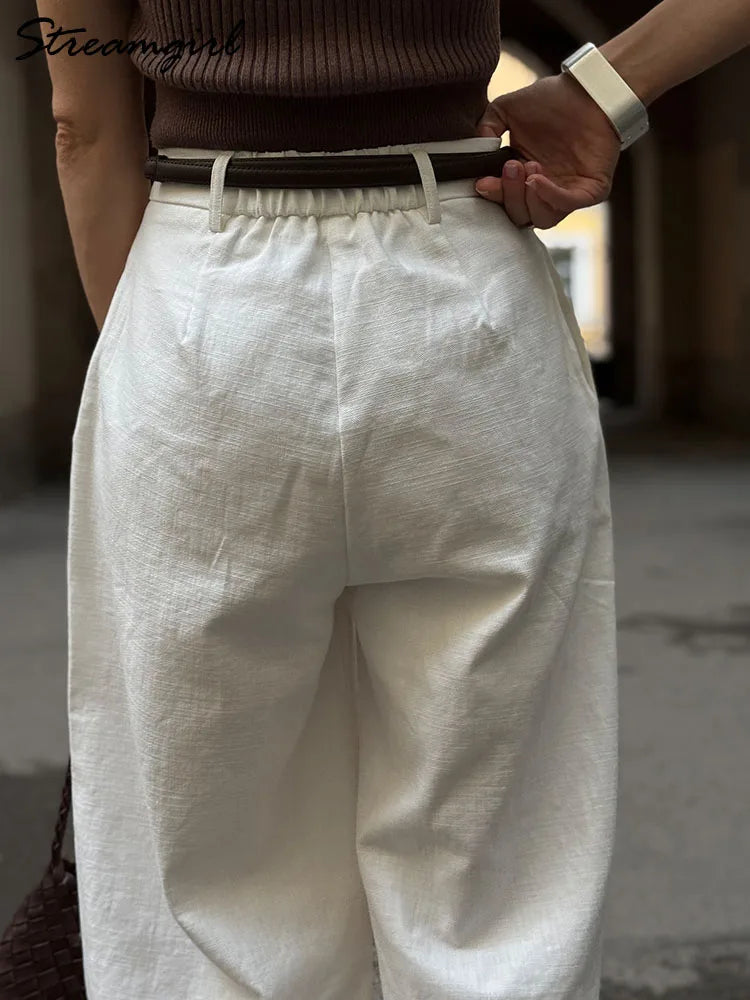 Pantalones Blancos de Algodón y Lino para Mujer, Pierna Ancha Formal
