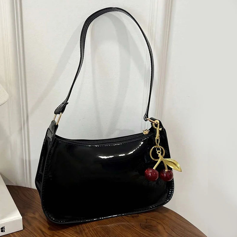Bolso de Piel PU para Mujer, Color Liso con Colgante de Cereza, Bolso de Hombro Casual para el Día a Día