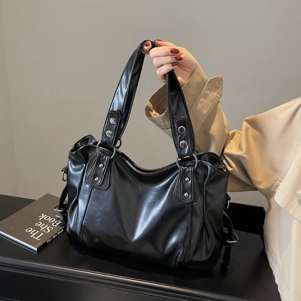 Bolso de Hombro Retro Espacioso para Mujer, Color Liso, Bandolera Clásica de Gran Capacidad en Piel PU Suave