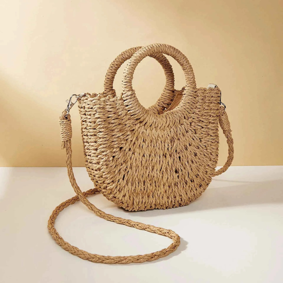 Bolso de Playa Tejido a Mano de Paja y Ratán, Media Luna, Gran Capacidad, Bandolera Calada de Verano para Mujer