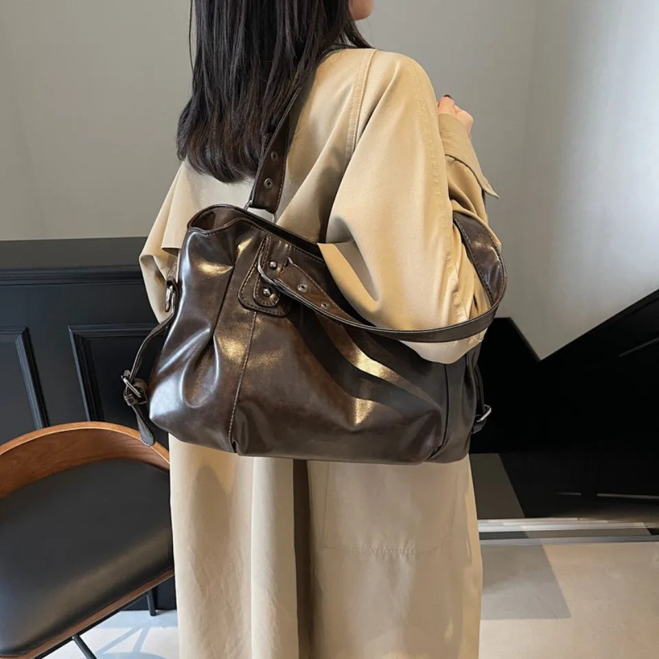 Bolso de Hombro Retro Espacioso para Mujer, Color Liso, Bandolera Clásica de Gran Capacidad en Piel PU Suave