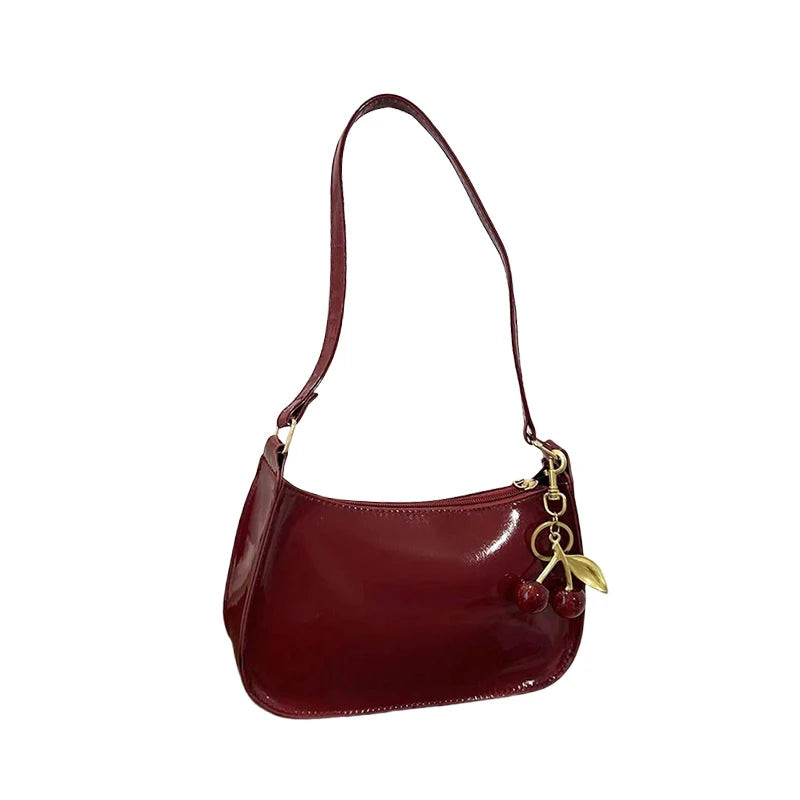 Bolso de Piel PU para Mujer, Color Liso con Colgante de Cereza, Bolso de Hombro Casual para el Día a Día