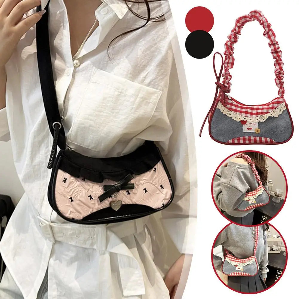 Bolso de Cuadros de Moda para Mujer con Cinta de Encaje, Correa Elástica, Bolso de Hombro para el Día a Día