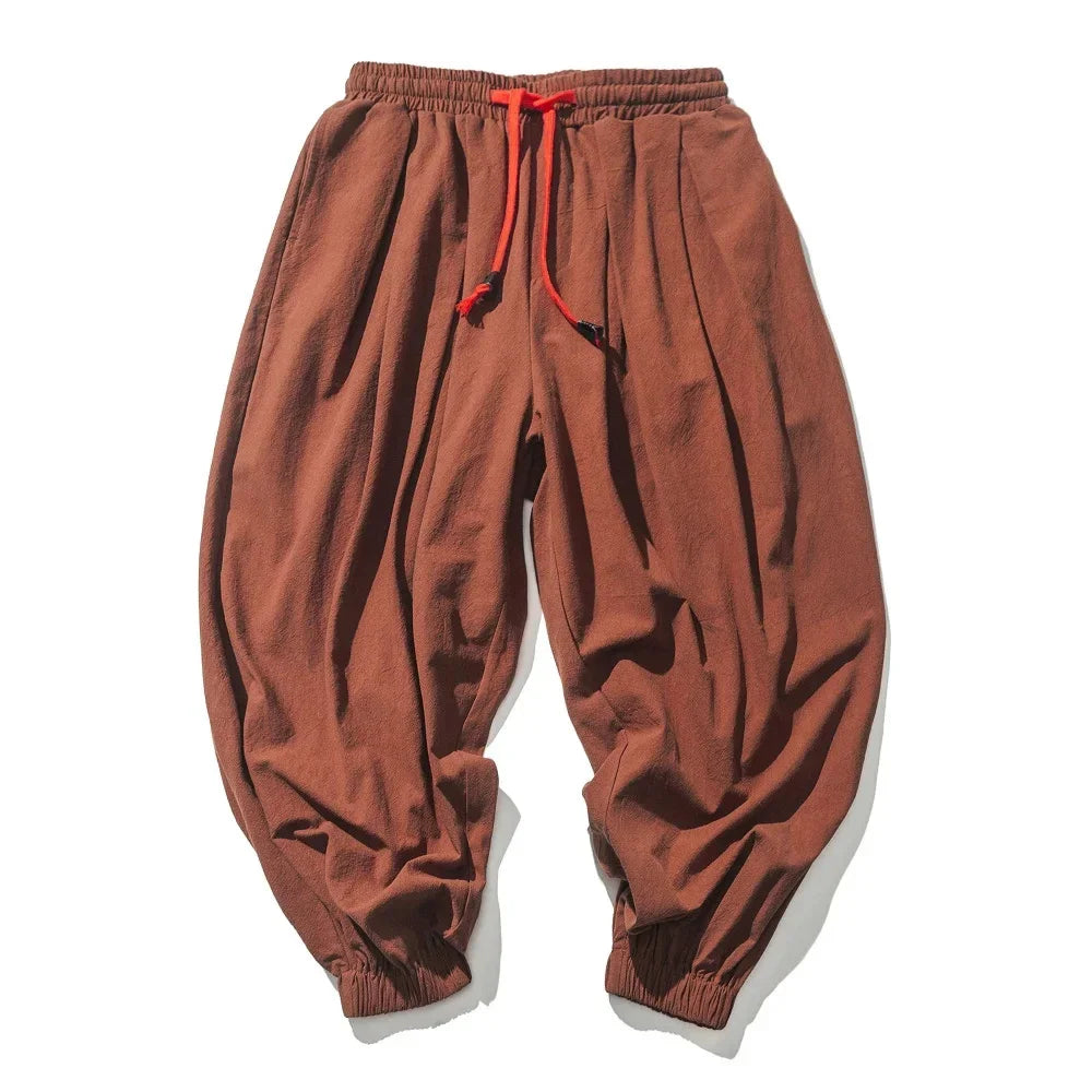 Pantalones Anchos de Algodón y Lino para Hombre, Casual Holgado