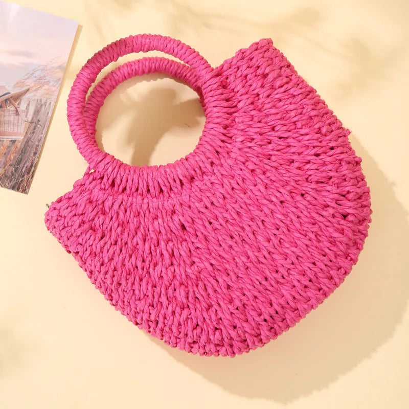 Bolso de Playa Tejido a Mano de Paja y Ratán, Media Luna, Gran Capacidad, Bandolera Calada de Verano para Mujer