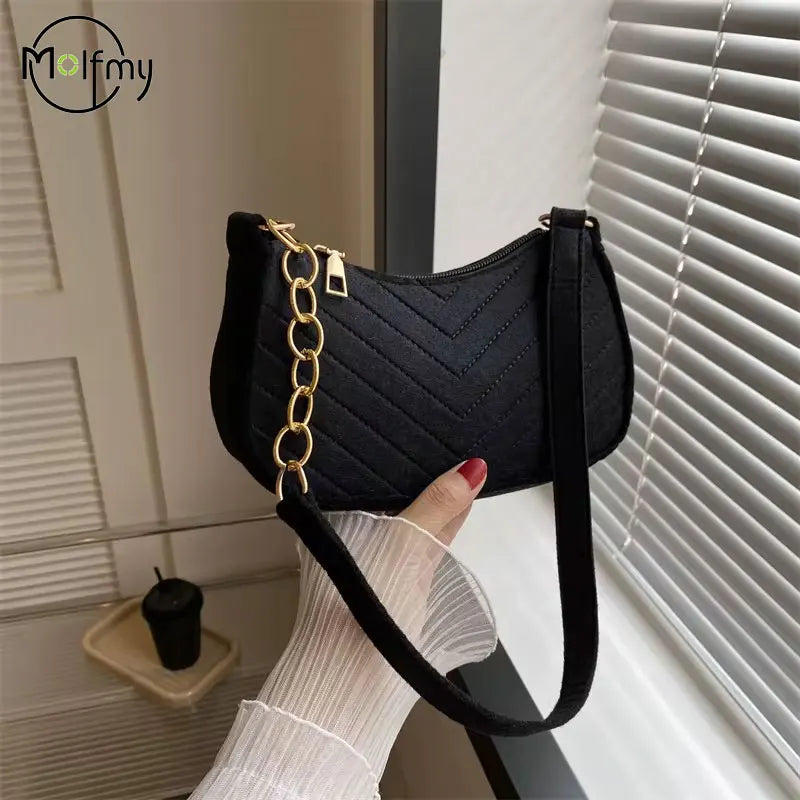 Mini Bolso de Hombro de Fieltro para Mujer, Diseño Elegante, Bolso Bandolera en Forma de Media Luna 2024