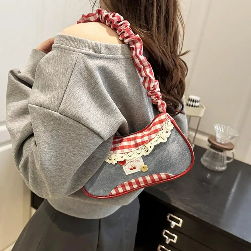 Bolso de Cuadros de Moda para Mujer con Cinta de Encaje, Correa Elástica, Bolso de Hombro para el Día a Día