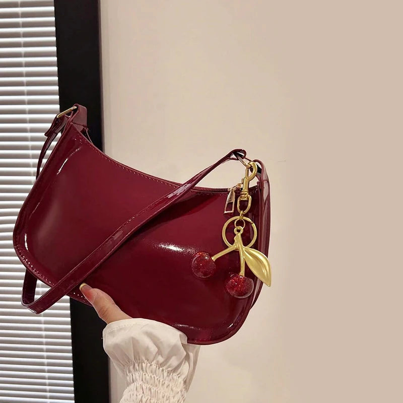 Bolso de Piel PU para Mujer, Color Liso con Colgante de Cereza, Bolso de Hombro Casual para el Día a Día