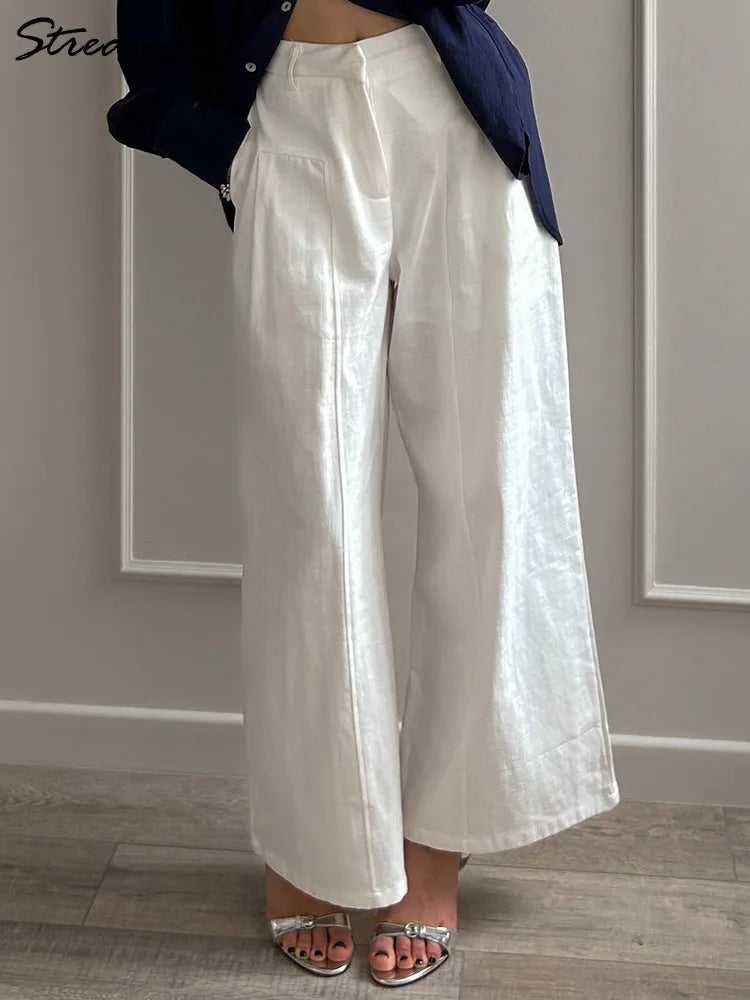 Pantalones Blancos de Algodón y Lino para Mujer, Pierna Ancha Formal