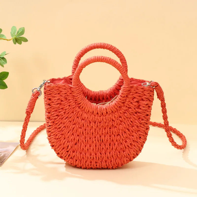 Bolso de Playa Tejido a Mano de Paja y Ratán, Media Luna, Gran Capacidad, Bandolera Calada de Verano para Mujer