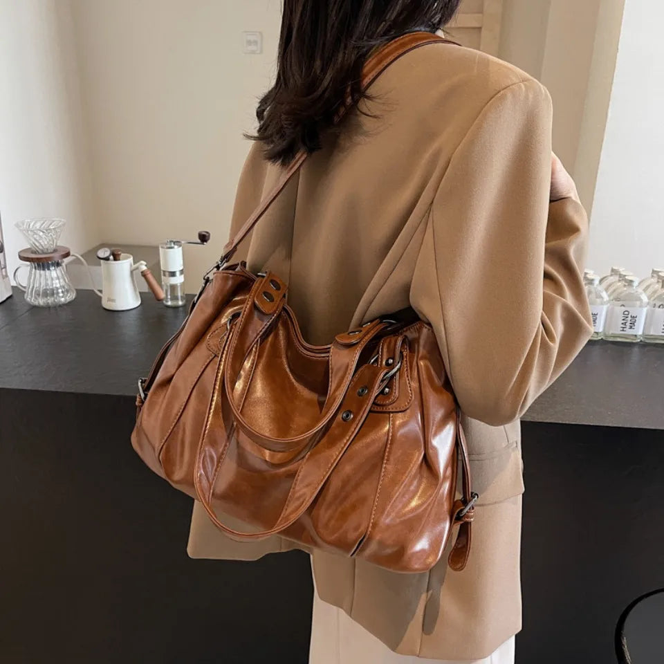 Bolso de Hombro Retro Espacioso para Mujer, Color Liso, Bandolera Clásica de Gran Capacidad en Piel PU Suave