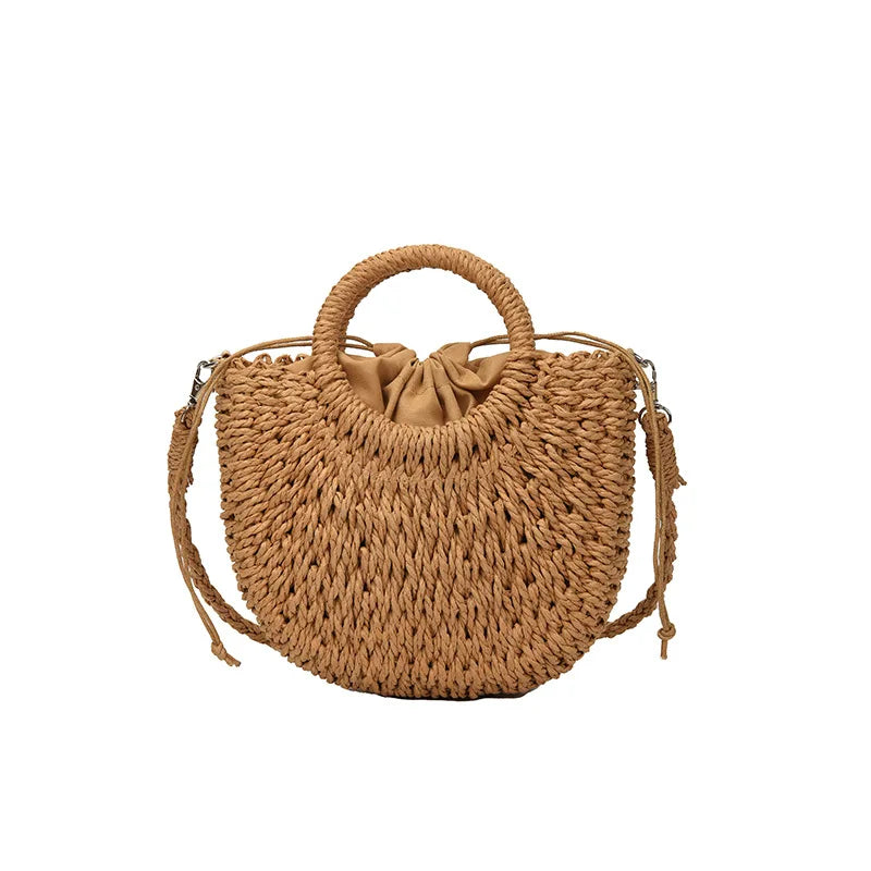 Bolso de Playa Tejido a Mano de Paja y Ratán, Media Luna, Gran Capacidad, Bandolera Calada de Verano para Mujer
