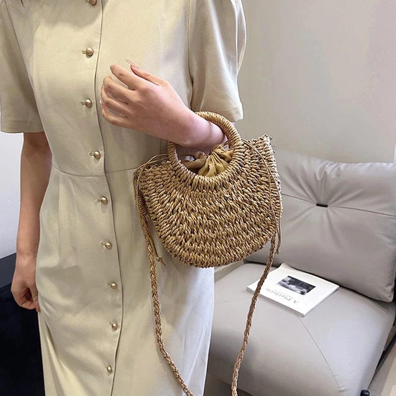 Bolso de Playa Tejido a Mano de Paja y Ratán, Media Luna, Gran Capacidad, Bandolera Calada de Verano para Mujer
