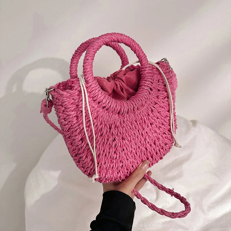 Bolso de Playa Tejido a Mano de Paja y Ratán, Media Luna, Gran Capacidad, Bandolera Calada de Verano para Mujer