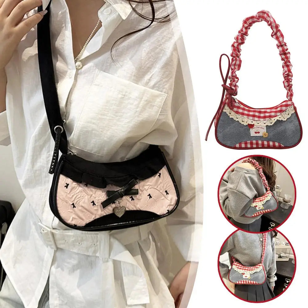 Bolso de Cuadros de Moda para Mujer con Cinta de Encaje, Correa Elástica, Bolso de Hombro para el Día a Día