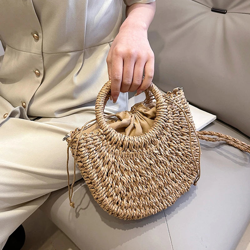 Bolso de Playa Tejido a Mano de Paja y Ratán, Media Luna, Gran Capacidad, Bandolera Calada de Verano para Mujer