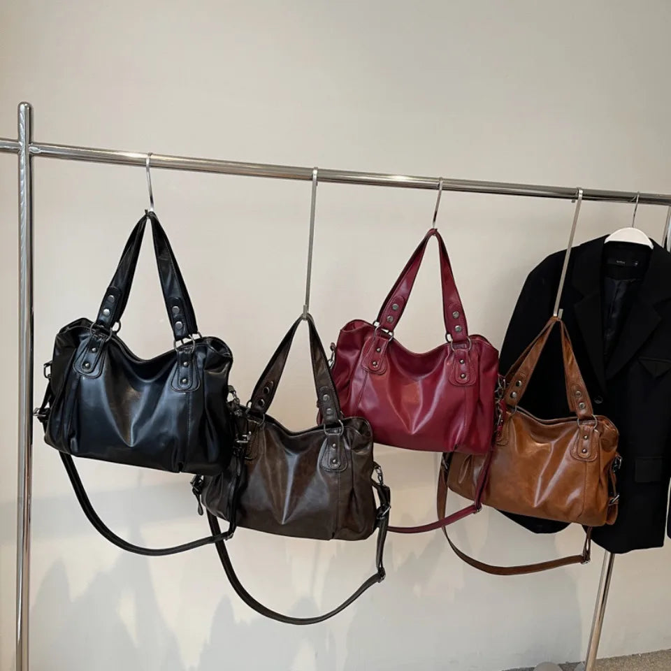 Bolso de Hombro Retro Espacioso para Mujer, Color Liso, Bandolera Clásica de Gran Capacidad en Piel PU Suave