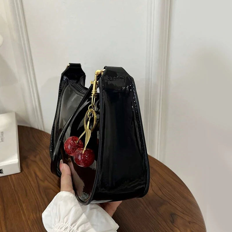 Bolso de Piel PU para Mujer, Color Liso con Colgante de Cereza, Bolso de Hombro Casual para el Día a Día