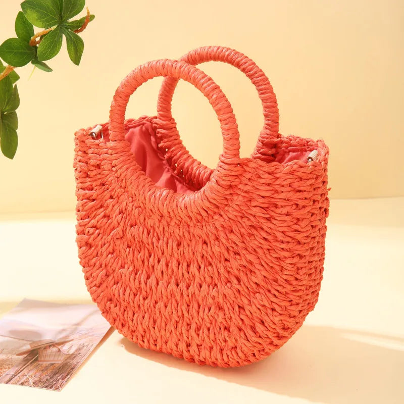 Bolso de Playa Tejido a Mano de Paja y Ratán, Media Luna, Gran Capacidad, Bandolera Calada de Verano para Mujer