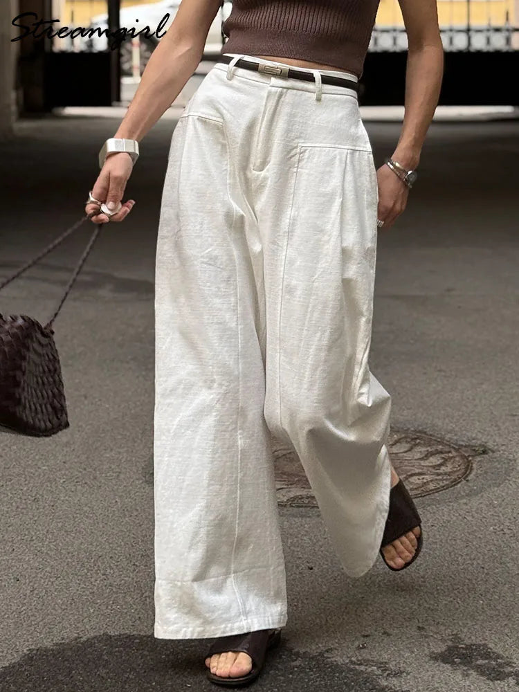 Pantalones Blancos de Algodón y Lino para Mujer, Pierna Ancha Formal