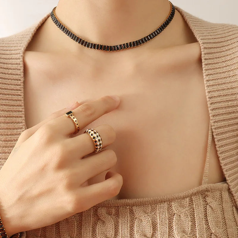Dainty 18K Gold Plated Titanium Steel Cubic Zirconia Stone Square Tennis Bracelet Necklace for Women Bling Choker Necklace Gift