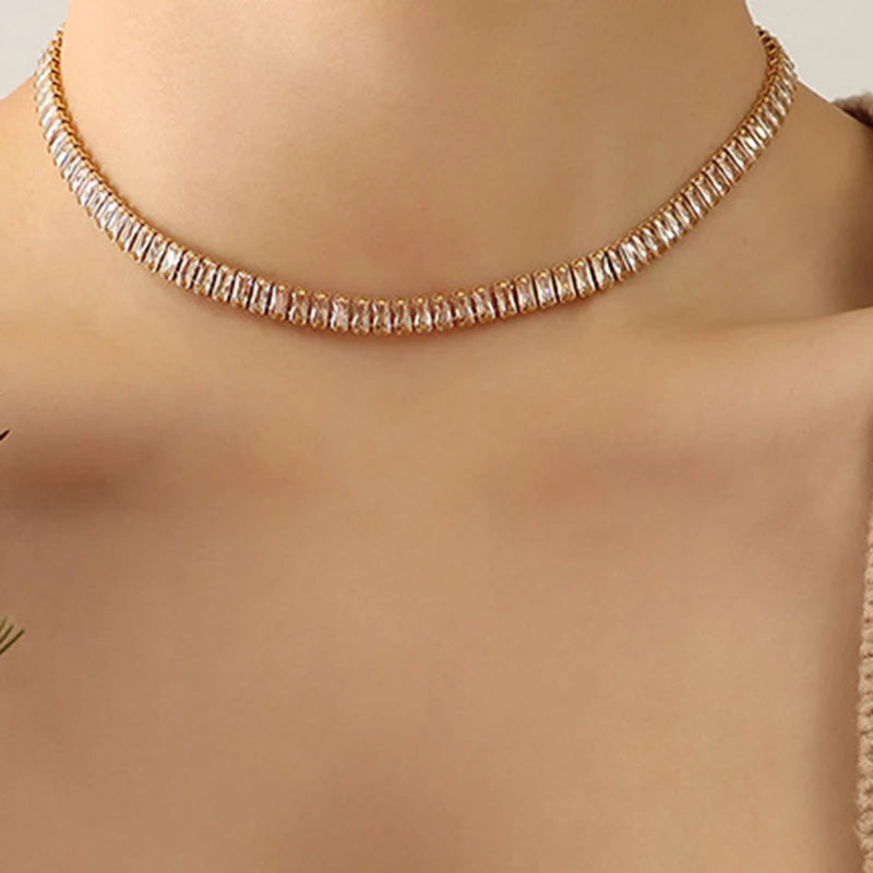 Dainty 18K Gold Plated Titanium Steel Cubic Zirconia Stone Square Tennis Bracelet Necklace for Women Bling Choker Necklace Gift