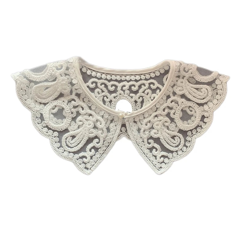 Royal Style Cotton Fake Collar Shawl Wrap Hollow Out Floral Lace Ruffled Trim Necklace Pointed Lapel Blouse Dropshipping