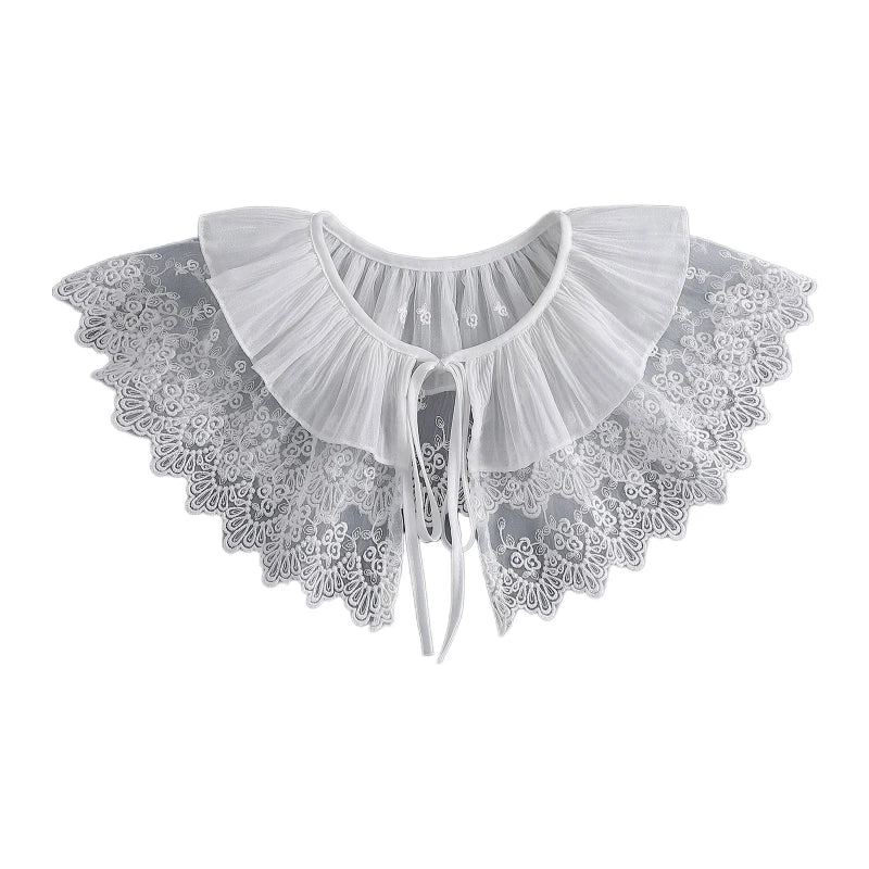 Royal Style Cotton Fake Collar Shawl Wrap Hollow Out Floral Lace Ruffled Trim Necklace Pointed Lapel Blouse Dropshipping